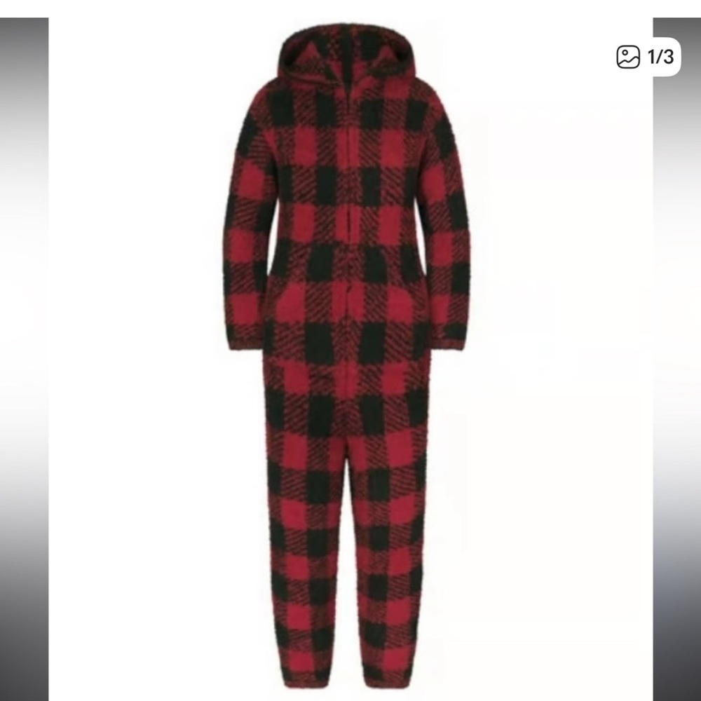 SKIMS XS unisex Cozy Red and Black checkered Onesie